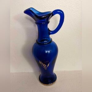 Vintage Avon Cobalt Blue Decorative Glass Bud Vase With Golden Design. 8" Tall.